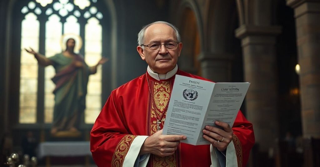 A conflicted Catholic bishop in traditional vestments holds a UN climate document in a dimly lit church, with a faded Christ the King image in the background.