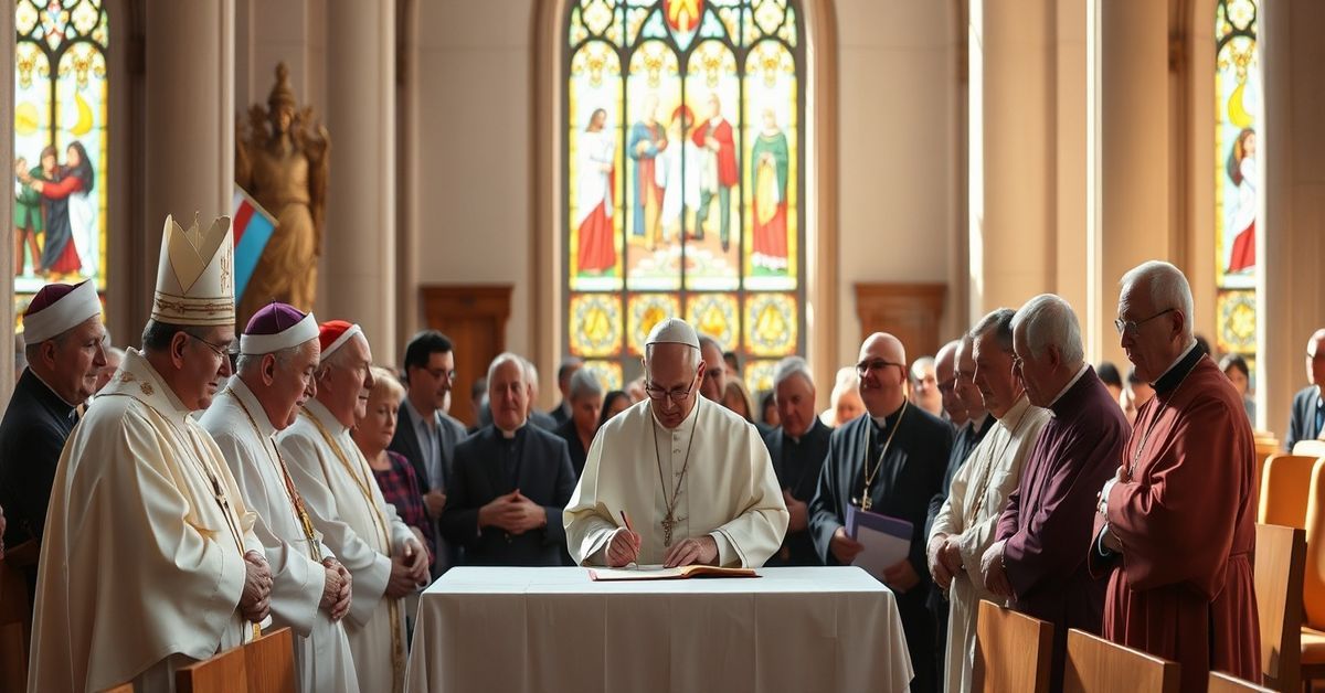 A group of post-conciliar bishops signing a statement on migration in a modern cathedral, symbolizing the apostasy of the conciliar Church.