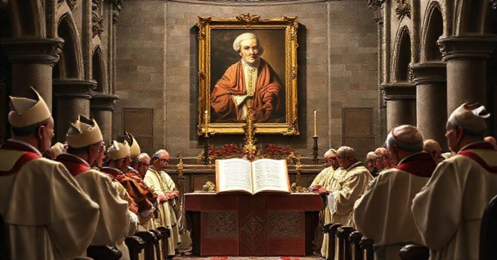 A reverent Catholic scene depicting bishops in prayerful discussion in a historic cathedral, with St. Augustine's 'City of God' and Pope Pius XI's encyclical Quas Primas prominently displayed.