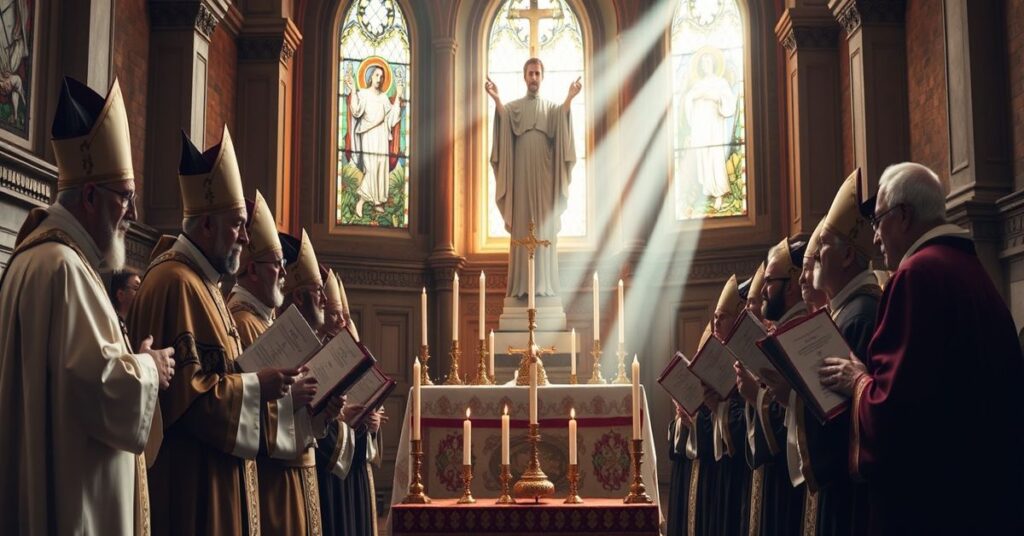 Traditional Catholic bishops praying before Christ the King statue in a historic church