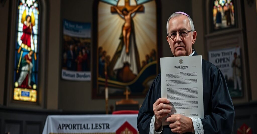 Bishop Mark Seitz in traditional episcopal vestments holding a pastoral letter titled 'Apostasy in the Name of Human Dignity' before a church altar with crucifix and stained glass windows depicting Christ's Passion.