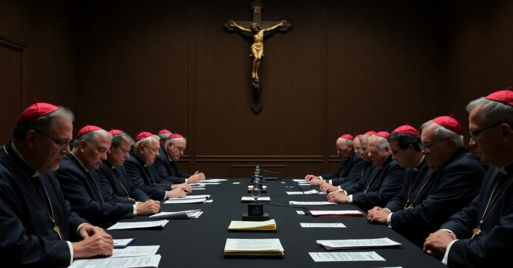 U.S. bishops in a conference room voting on the Dallas Charter revisions, symbolizing secrecy and lack of transparency.