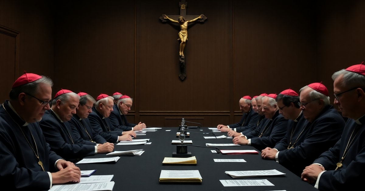 U.S. bishops in a conference room voting on the Dallas Charter revisions, symbolizing secrecy and lack of transparency.