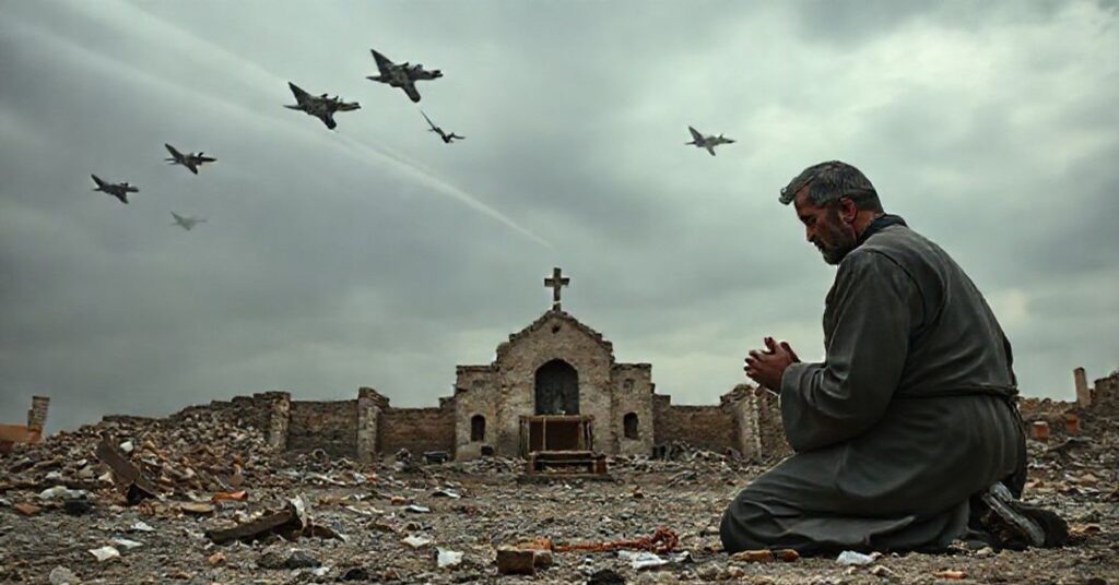 A Catholic priest kneels in prayer before a ruined Syrian church after airstrikes, symbolizing the futility of secular retaliation without divine justice.