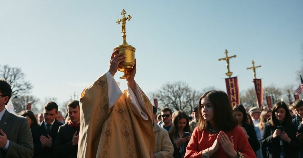 Traditional Eucharistic procession in Boston led by modernist clergy under clear sky with faithful in prayer along Freedom Trail