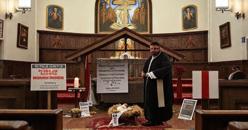 A somber photograph of a politically charged Nativity scene at St. Susanna Church in Dedham, Massachusetts, featuring anti-ICE messaging and an empty manger.