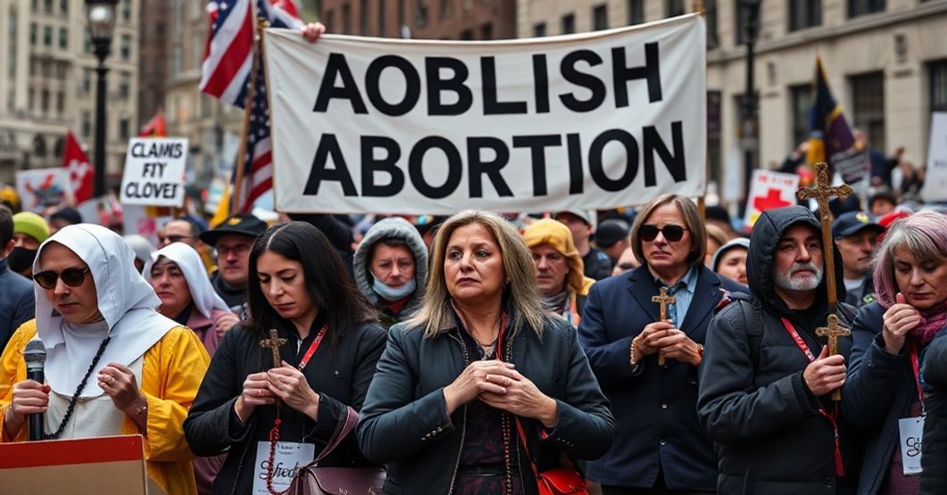 Boston Pro-Life March 2025 with participants praying amidst clown protesters and Antifa agitators, emphasizing the need for Christ's Social Kingship.