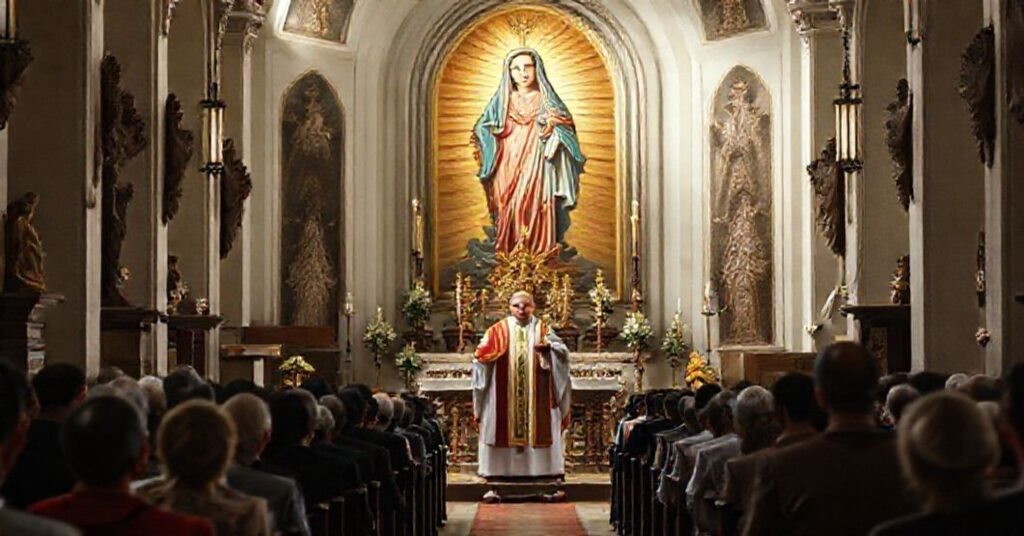 A reverent Catholic congregation in prayer as Archbishop Juarez Marques delivers a sermon denying Mary's Co-Redemption in a traditional church interior.