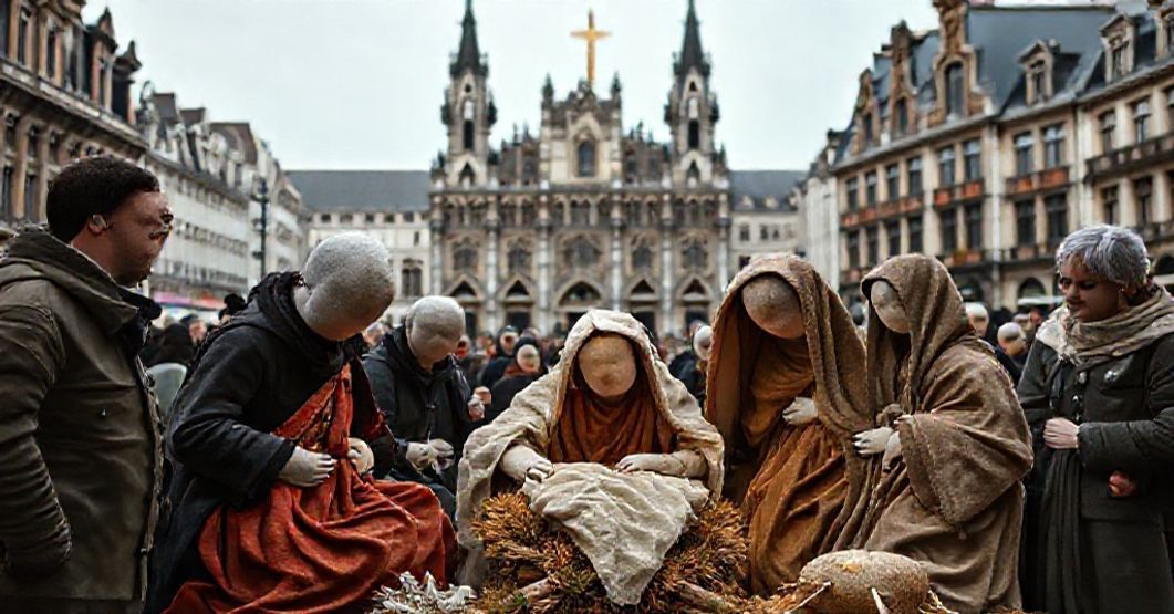 Controversial faceless Nativity scene in Brussels' Grand Place with missing infant Jesus head