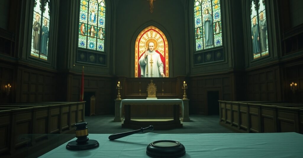 Solemn Catholic church interior symbolizing spiritual bankruptcy with secular legal elements contrasting traditional faith.