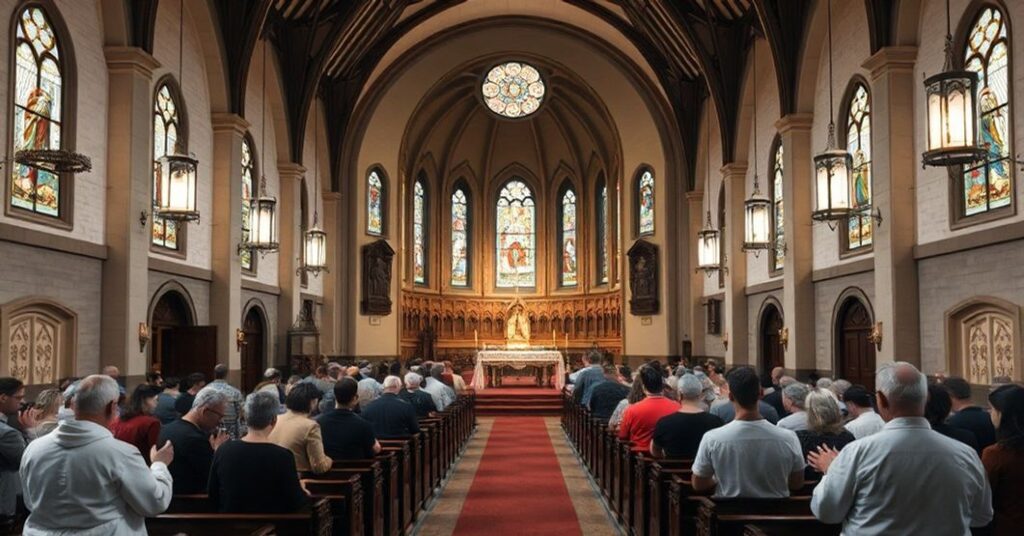 A traditional Catholic church interior in Buffalo with parishioners praying during a Latin Mass, reflecting the struggle to preserve sacred spaces.