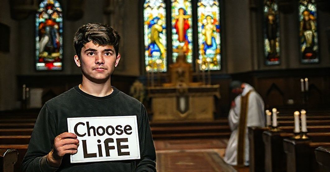 The Distraction of Bumper Sticker Activism A young man holding a pro-life bumper sticker in a traditional Catholic church with a priest praying before the tabernacle.