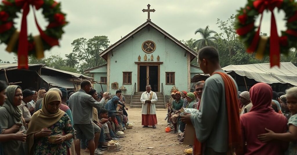 Cambodian refugees in a makeshift camp with Caritas workers distributing aid, symbolizing material charity over spiritual needs.