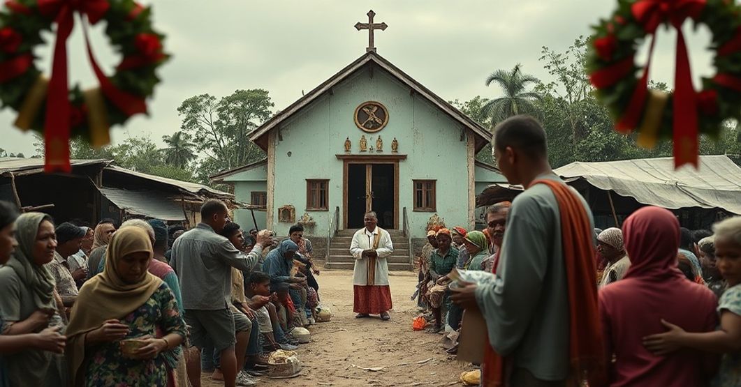 Cambodian refugees in a makeshift camp with Caritas workers distributing aid, symbolizing material charity over spiritual needs.