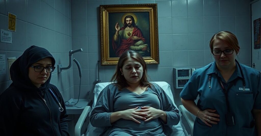A realistic image of a late-term abortion clinic in Canada with a distraught woman and indifferent healthcare workers.