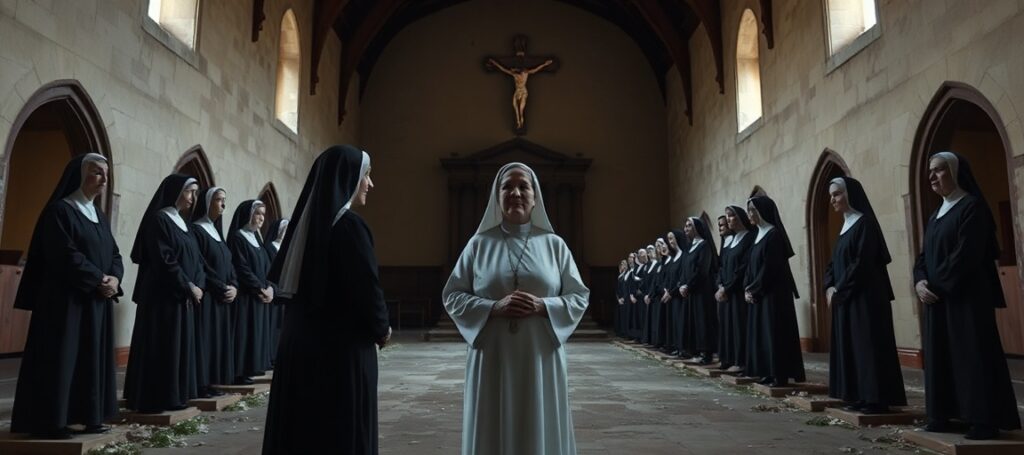 A solemn depiction of the former Carmelite monastery in Arlington, Texas, reflecting canonical chaos and doctrinal crisis within the post-conciliar sect.