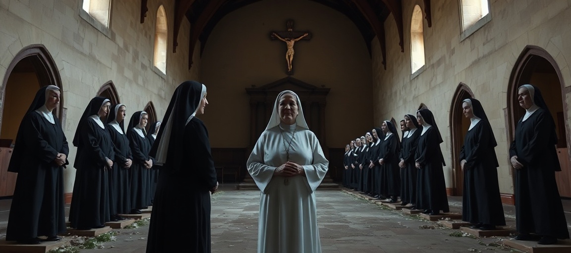 A solemn depiction of the former Carmelite monastery in Arlington, Texas, reflecting canonical chaos and doctrinal crisis within the post-conciliar sect.