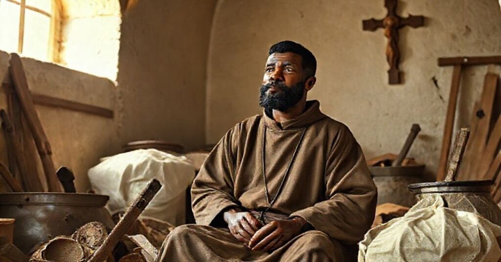A traditional Catholic illustration of Martin de Porres in a humble monastic setting, emphasizing his spiritual devotion and rejection of modernist distortions of sanctity.