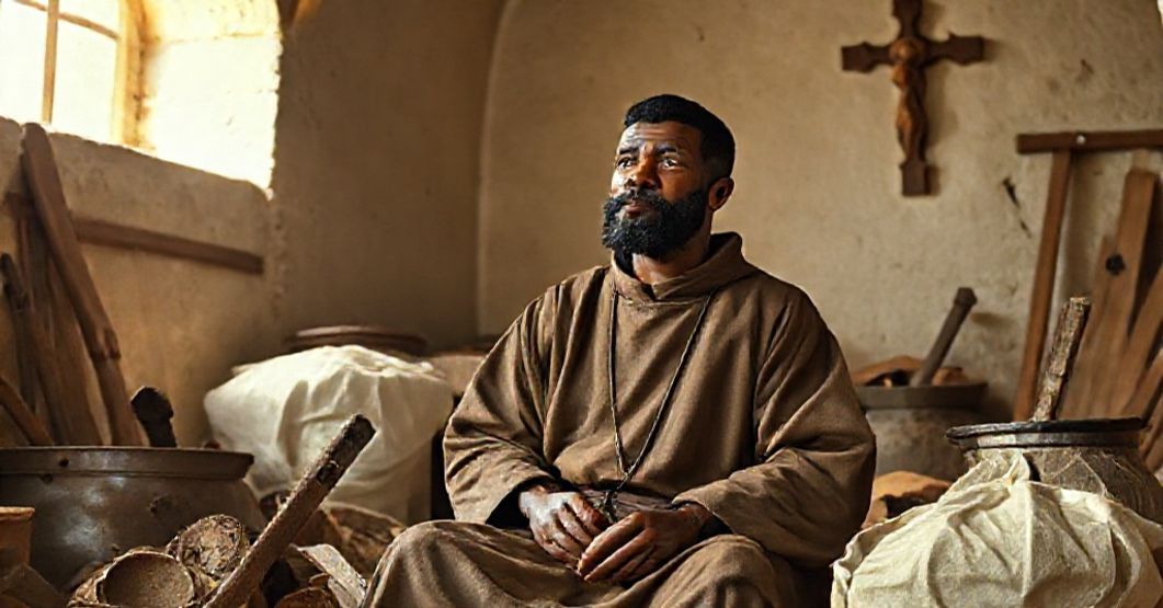 The Canonization of Martin de Porres: A Conciliar Fabrication Against Catholic Tradition A traditional Catholic illustration of Martin de Porres in a humble monastic setting, emphasizing his spiritual devotion and rejection of modernist distortions of sanctity.