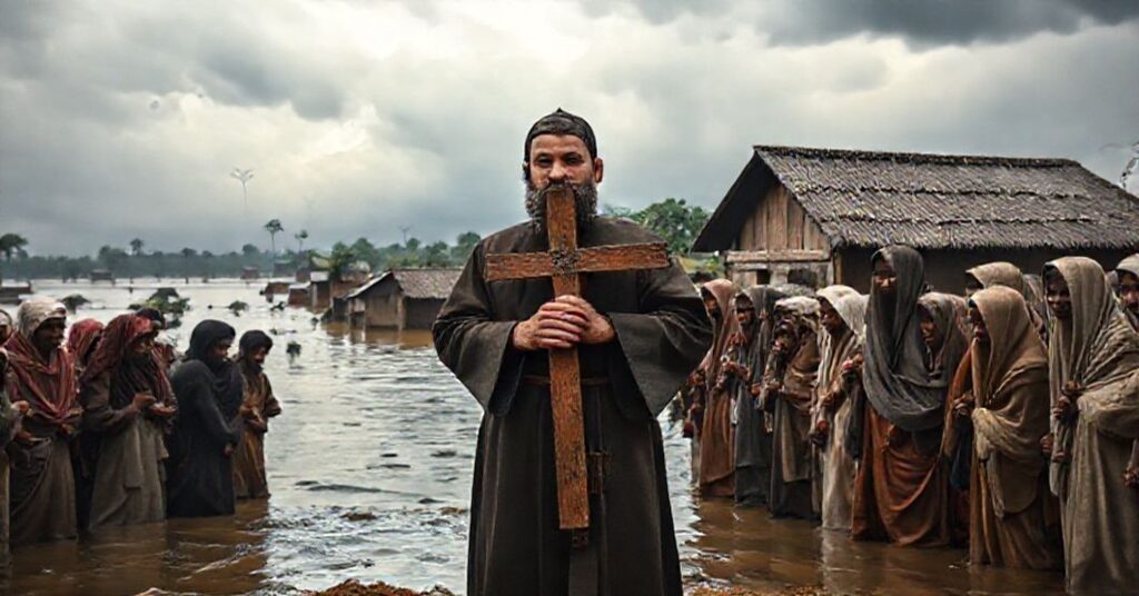 Capuchin friar holding a cross before flood-displaced Muslims, emphasizing spiritual duty over material aid in a stormy landscape.