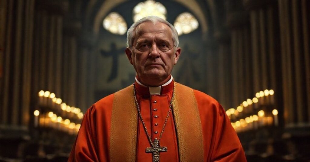 Cardinal Josef Beran in traditional Catholic vestments in a historic Czech cathedral, reflecting theological deviations and secular rehabilitation amidst Nazi and communist persecution.