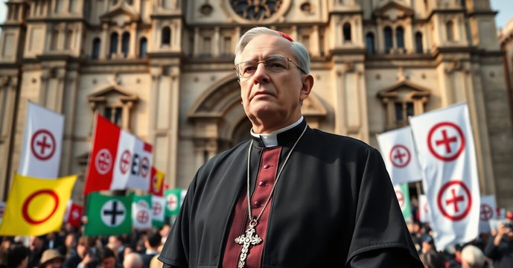 Cardinal José Cobo Cano standing solemnly in front of a Spanish cathedral amid banners promoting Modernist subversion.