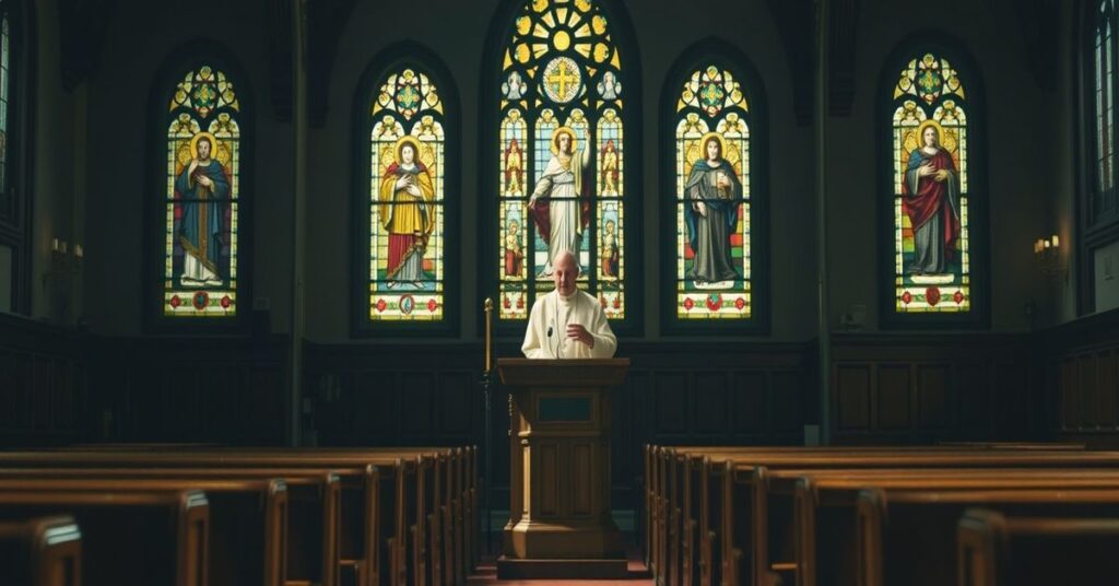 Cardinal Cupich delivering a sermon in a dimly lit Catholic church with obscured Christ the King imagery.