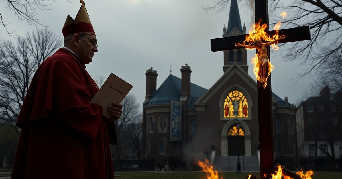 Cardinal Blase Cupich stands near a burning cross in Grant Park, Chicago, symbolizing the spiritual crisis in the modernist Church.