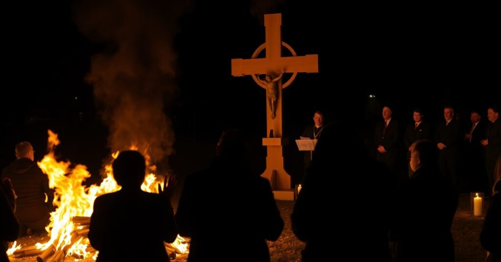 A solemn image of a burning cross in Chicago's Grant Park with distressed Catholics praying and Cardinal Blase Cupich delivering a statement to the press.