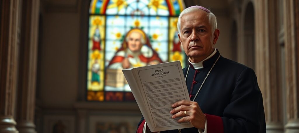 Cardinal Blase Cupich holding Pope Leo XIV's encyclical *Magnifica humanitas* in a Vatican hall with stained-glass windows depicting the Tower of Babel and New Jerusalem.
