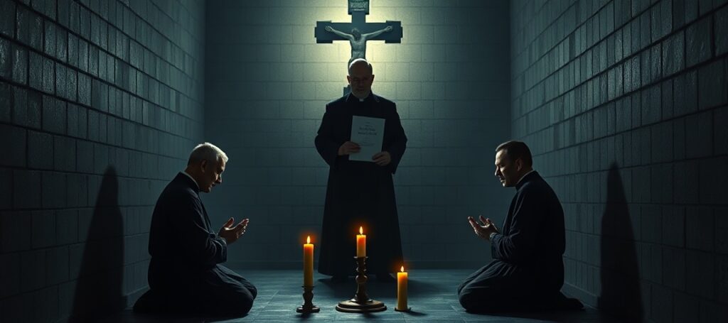 A solemn depiction of Catholic martyrs Fathers Jan Bula and Václav Drbola in prison, contrasted with Cardinal Czerny's modernist betrayal.