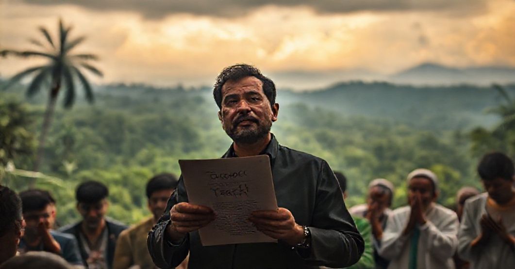 Cardinal David at COP30: A Misguided Environmental Appeal Mr. Pablo David speaking at COP30 climate summit in Brazil, surrounded by environmental activists with a backdrop of rainforest and storm clouds