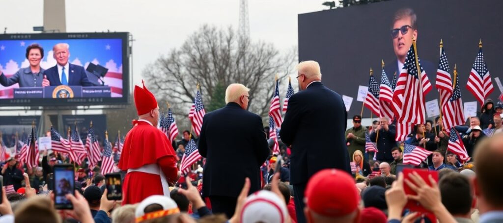 Cardinal Timothy Dolan and Bishop Robert Barron at a nationalist rally with Donald Trump on the National Mall.