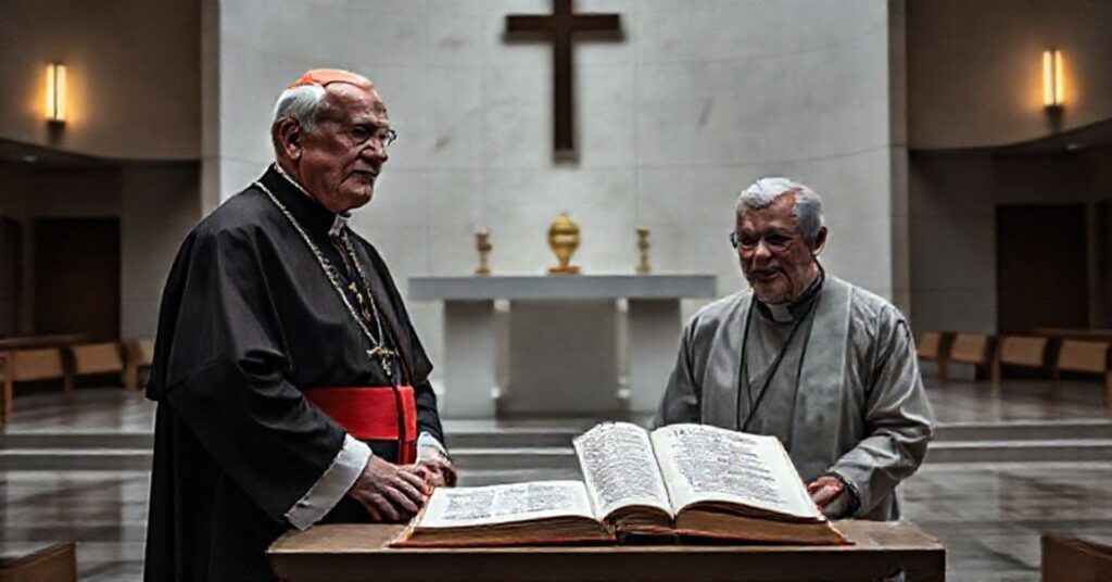 Portrait of Cardinal Timothy Dolan in retirement attire before a modernist church altar, symbolizing the abandonment of priestly duties and spiritual desolation.