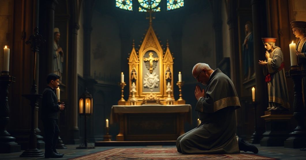 A solemn Catholic priest kneeling in prayer before the Blessed Sacrament in a traditional Gothic chapel.