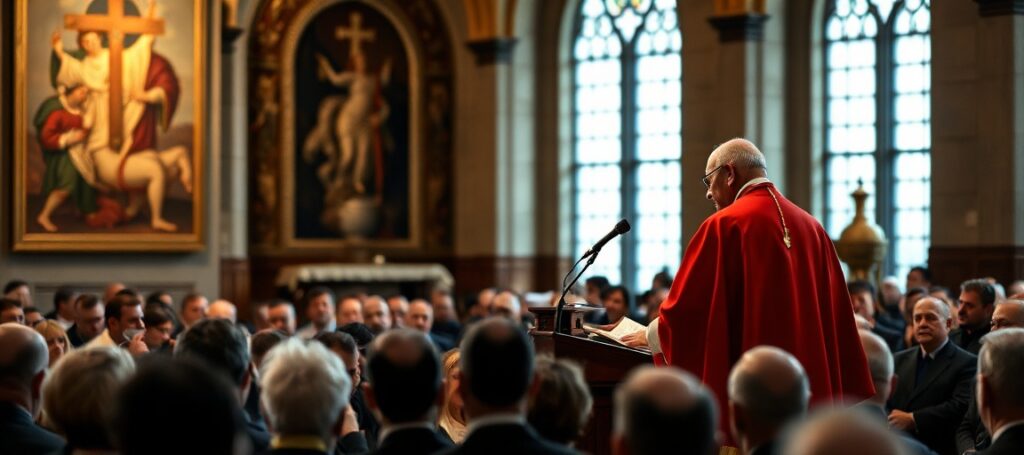 Cardinal Mario Grech addressing the 104th Katholikentag in Würzburg, Germany, amid signs of doctrinal compromise and modernist apostasy.