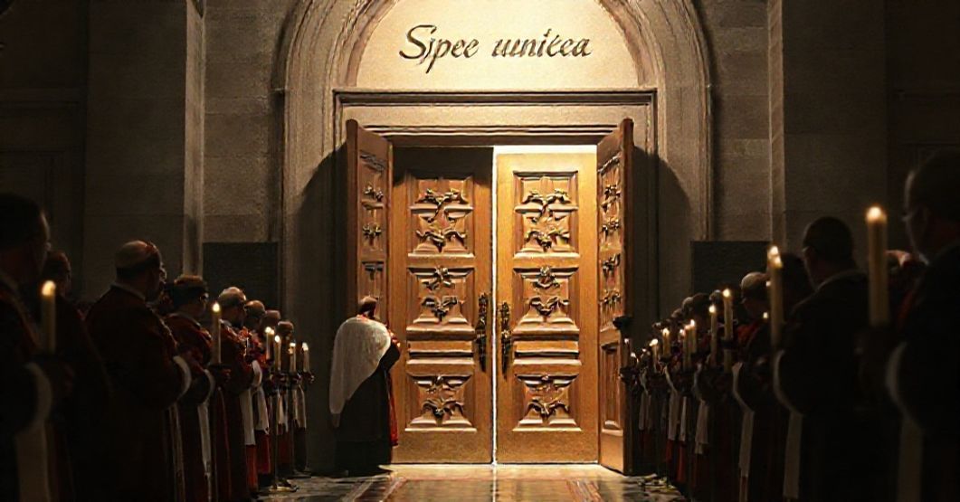 Cardinal James Michael Harvey closing the Holy Door at St. Paul Outside the Walls in 2025 during a Vatican ceremony emphasizing naturalized hope over supernatural faith.