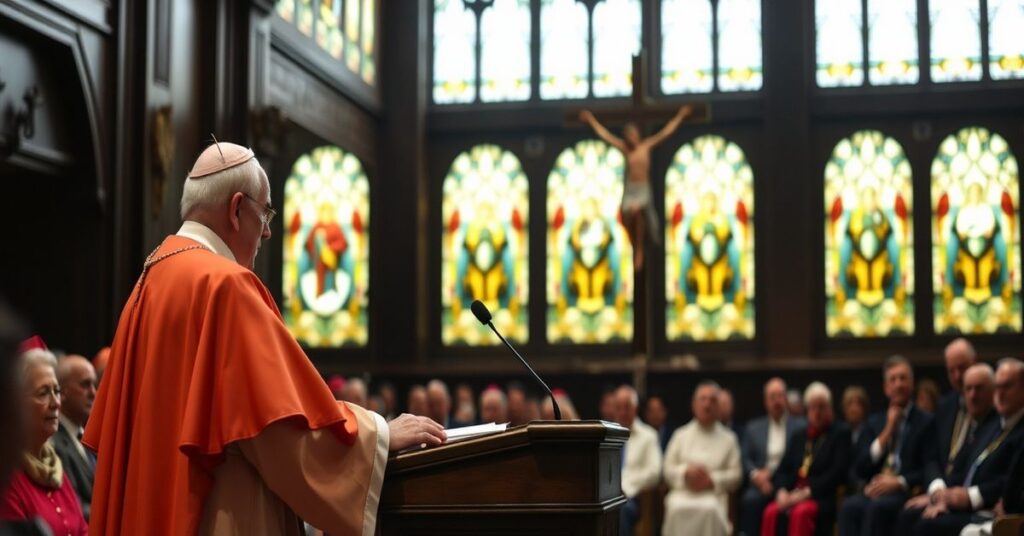 Cardinal Jean-Claude Hollerich speaking at a symposium on women's ordination, surrounded by bishops and theologians in a traditional Catholic setting.