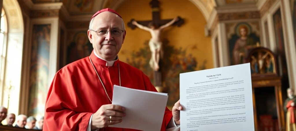 Cardinal Kurt Koch holding a letter addressed to Georgian Orthodox Patriarch Shio III in a Vatican hall with Catholic iconography.