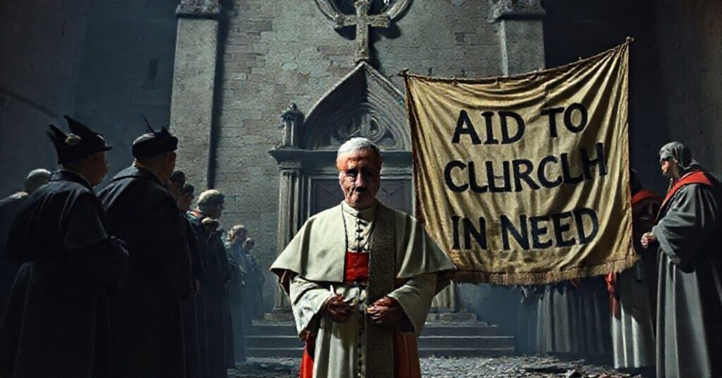 Cardinal Kurt Koch stands before a decaying church, symbolizing the ecumenical subversion of Catholic charity and the betrayal of true Catholic doctrine
