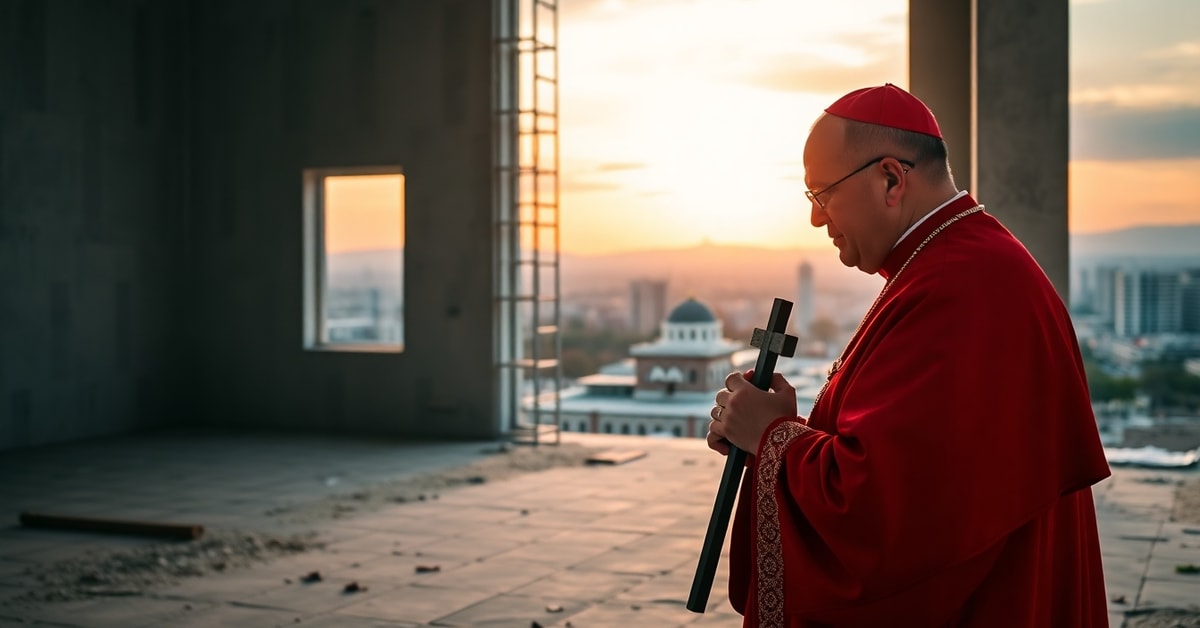 Cardinal Koovakad kneeling in prayer during Azerbaijan visit, highlighting controversial interreligious dialogue amid church construction