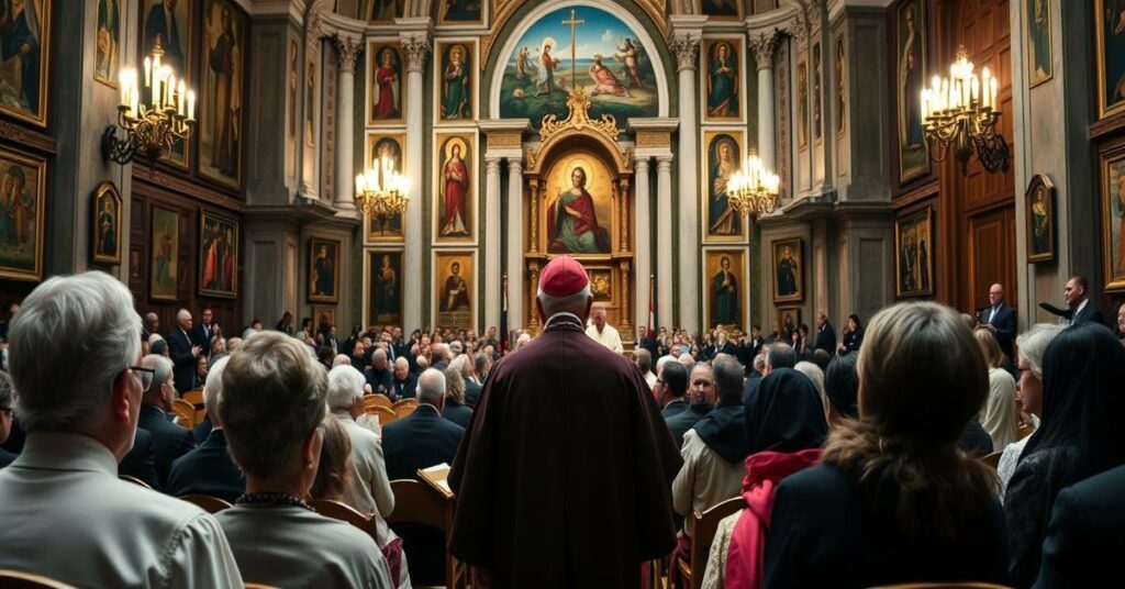 A traditional Catholic gathering in Rome with Cardinal George Jacob Koovakad addressing an audience, symbolizing the theological conflict over women's leadership in the Church.