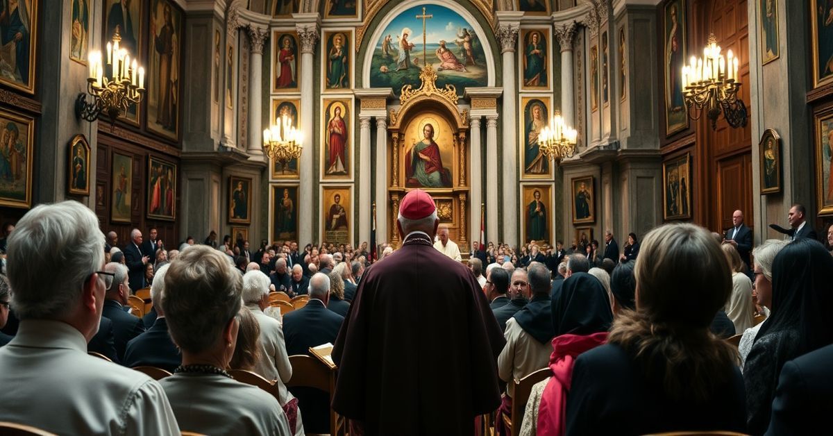 A traditional Catholic gathering in Rome with Cardinal George Jacob Koovakad addressing an audience, symbolizing the theological conflict over women's leadership in the Church.