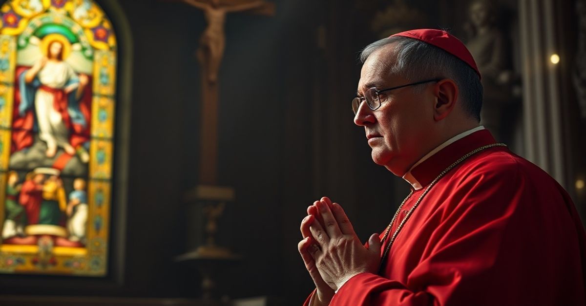 Cardinal Dominique Joseph Mathieu praying in a traditional Vatican chapel adorned with Catholic iconography.