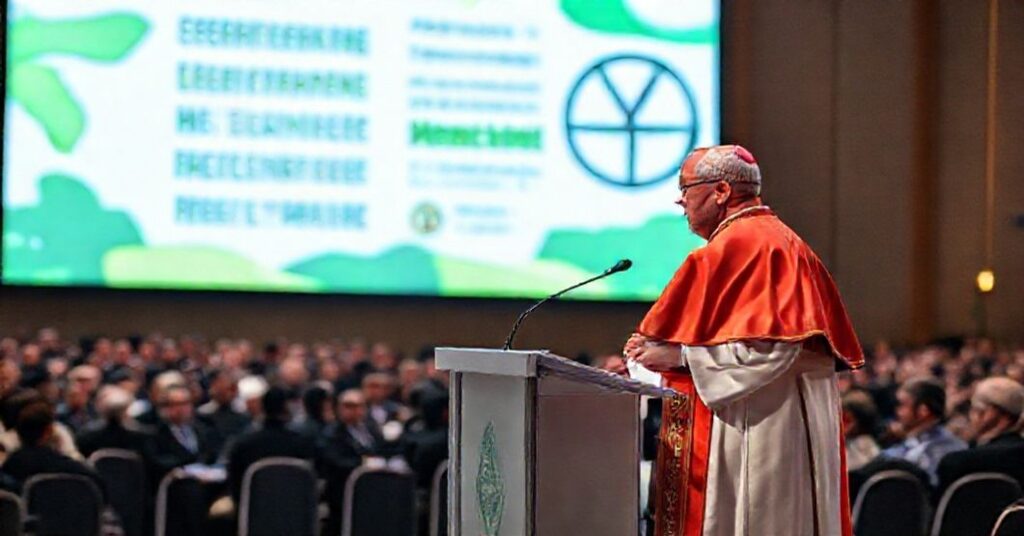 Cardinal Neri addressing COP30 conference with pagan symbols in the background, reflecting the tension between Catholic doctrine and climate activism.