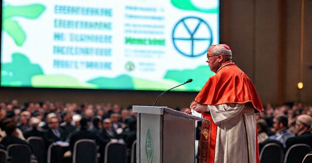 Cardinal Neri addressing COP30 conference with pagan symbols in the background, reflecting the tension between Catholic doctrine and climate activism.