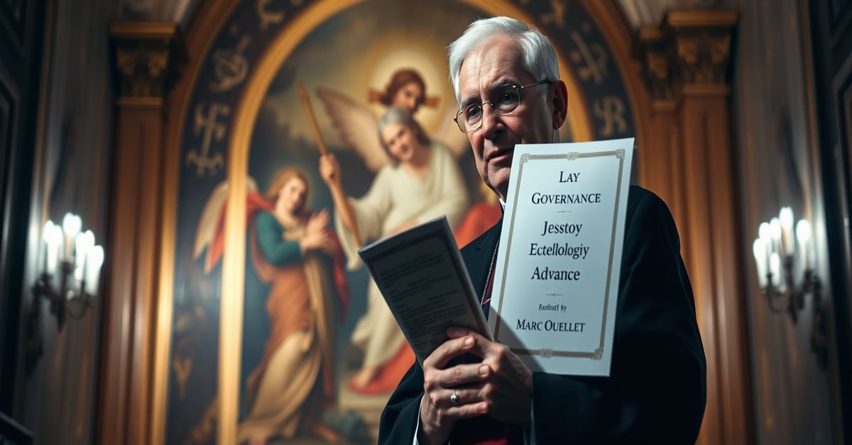 Cardinal Marc Ouellet in a solemn chapel holding a document on lay governance, surrounded by traditional Catholic artwork depicting sacred authority.