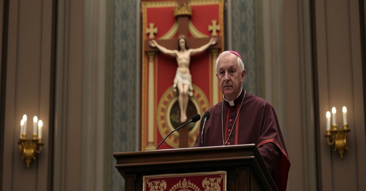 Cardinal Parolin at lectern in Vatican hall with crucifix and Vatican banner behind him.