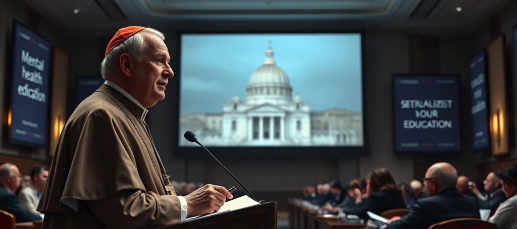 Cardinal Pietro Parolin speaking at a Vatican conference on youth mental health and education, surrounded by modernist banners in a dimly lit hall.
