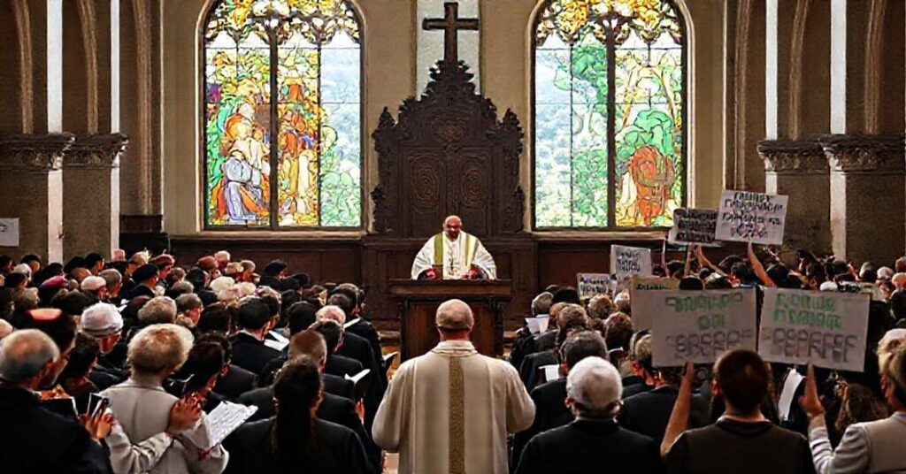 Faithful Catholics in prayer contrast with environmental protesters during Cardinal Parolin's speech at COP30 Summit in Belém.